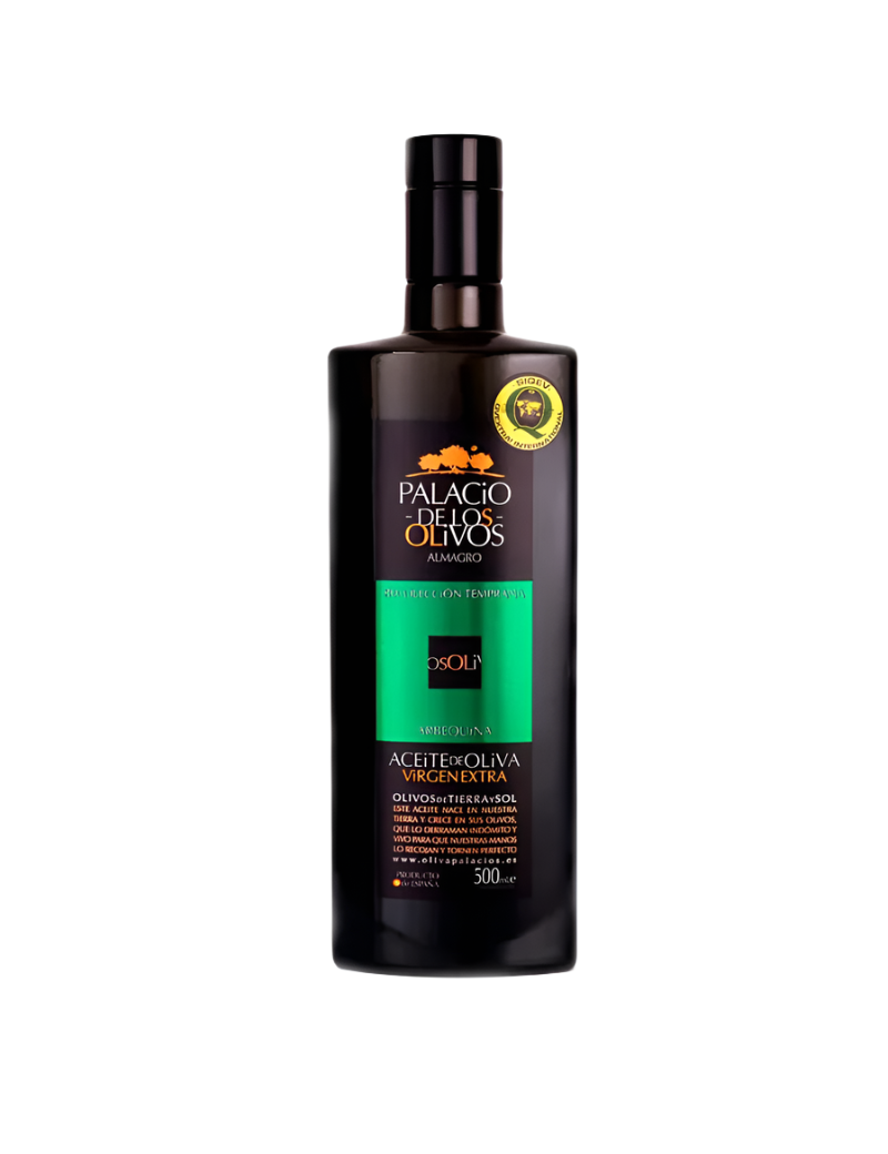 Palacio de los Olivos Arbequina alyvuogių aliejus – aukščiausios kokybės alyvuogių aliejus, pagamintas iš specialiai išrinktų Arbequina alyvuogių, pasižymintis švelniu ir subalansuotu skoniu.