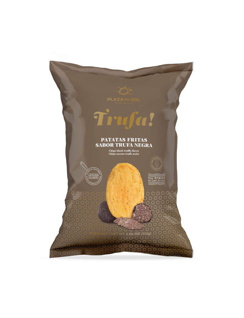 Gurmaniški bulvių traškučiai su juodaisiais trumais, traškus užkandis su trufeliais.