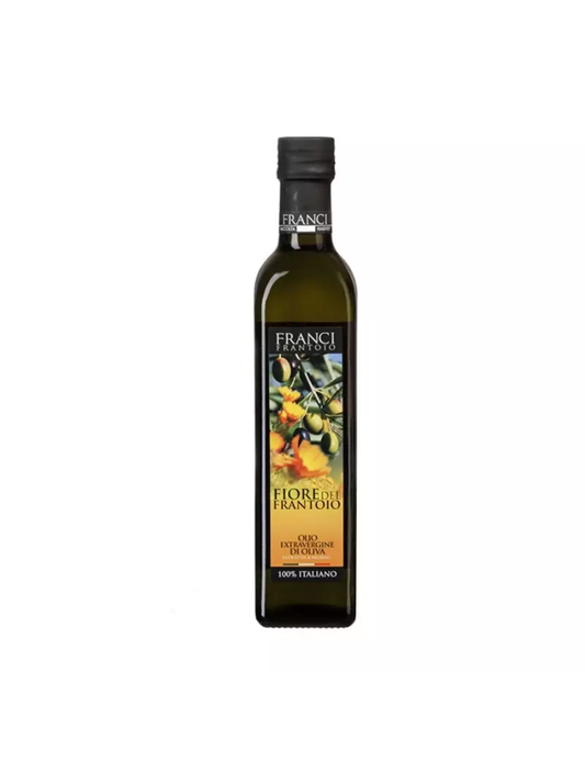 Fiore del Frantoio Franci alyvuogių aliejus – aukščiausios kokybės pirmojo spaudimo alyvuogių aliejus iš Toskanos, su vaisiniu skoniu ir šviežiomis žolės, artišokų bei alyvuogių natomis, puikiai tinkantis šaltiems patiekalams.