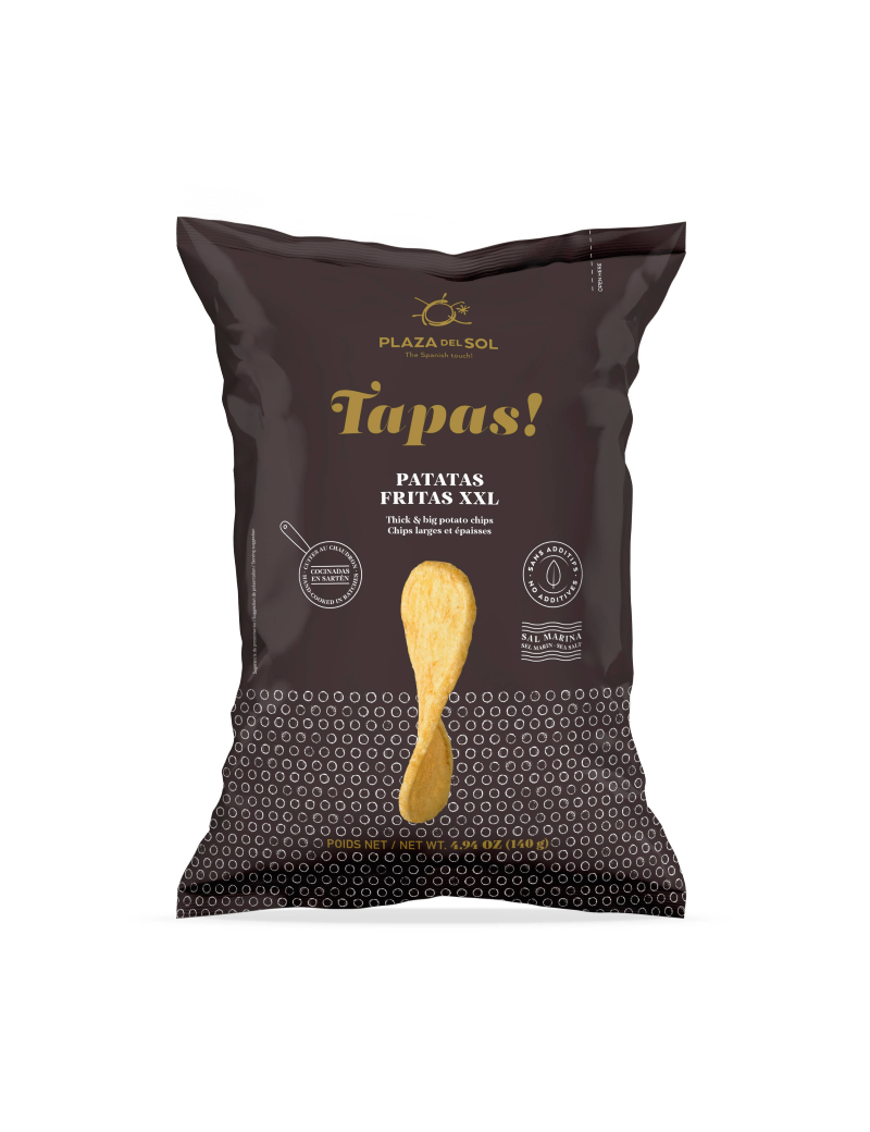 Dideli ir stori bulvių traškučiai Tapas 140g pakuotėje, ispaniško stiliaus užkandis.