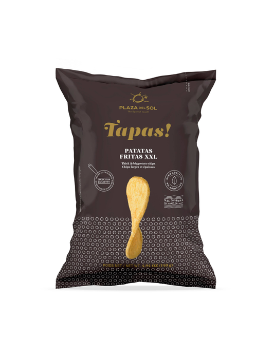 Dideli ir stori bulvių traškučiai Tapas 140g pakuotėje, ispaniško stiliaus užkandis.
